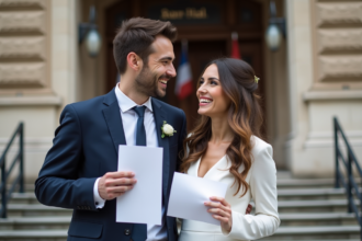 Jeune couple heureux devant la mairie en tenue de mariage