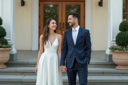 Jeune couple souriant devant la mairie lors d'un mariage