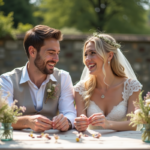 Jeune couple marié ajustant décor rustique en extérieur