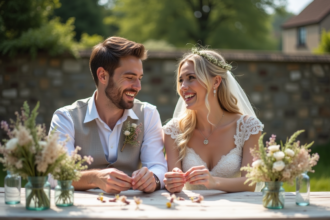 Jeune couple marié ajustant décor rustique en extérieur