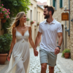 Jeune couple marié marchant main dans la main dans un village européen