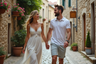 Jeune couple marié marchant main dans la main dans un village européen