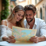 Jeune couple de mariés souriants regardant une carte en extérieur