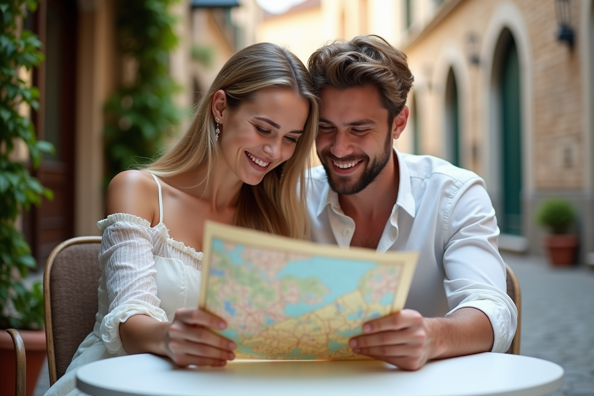 Jeune couple de mariés souriants regardant une carte en extérieur