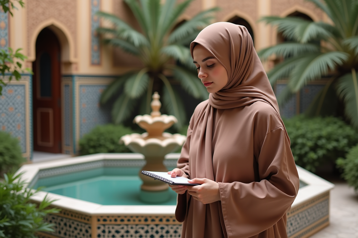 Jeune femme musulmane avec hijab dans un jardin marocain