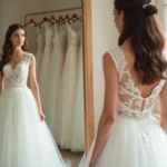 Jeune femme en robe de mariée examine son reflet dans un miroir