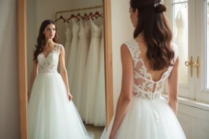 Jeune femme en robe de mariée examine son reflet dans un miroir