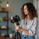 Jeune femme souriante ajustant son appareil photo dans un salon cosy