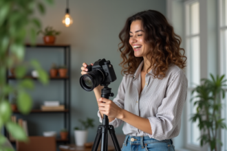 Jeune femme souriante ajustant son appareil photo dans un salon cosy