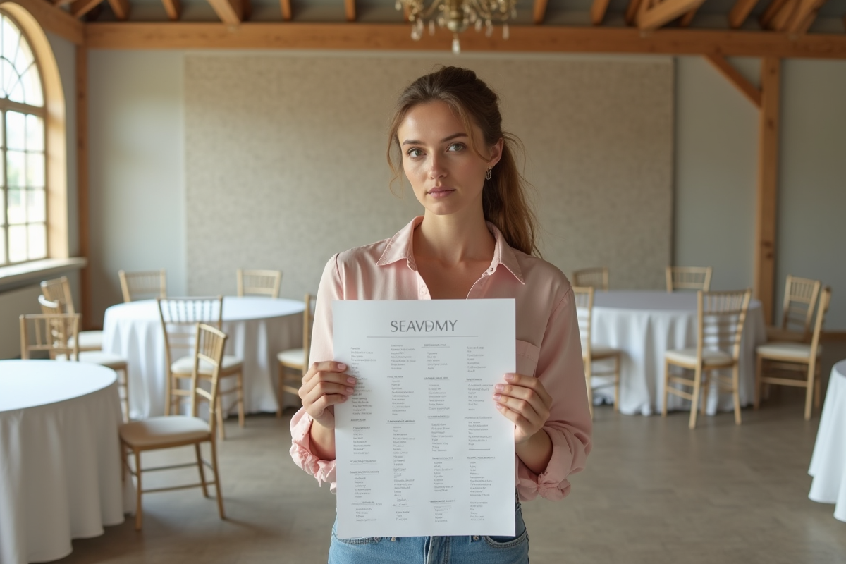 Jeune femme examine un plan de mariage dans une salle de réception