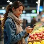 Jeune femme compare prix de fruits en supermarche