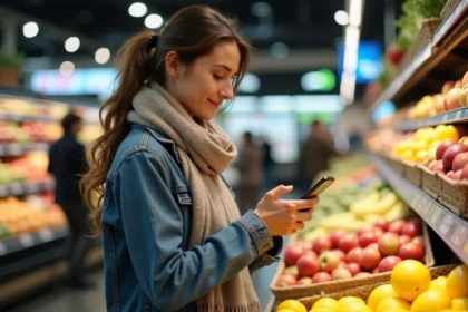Jeune femme compare prix de fruits en supermarche