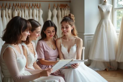Jeune mariée souriante avec sa famille dans un studio à Nantes