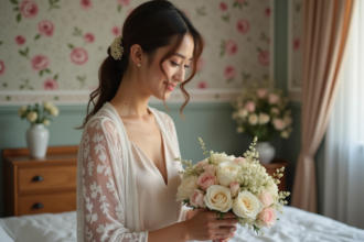 Jeune mariée en robe de dentelle avec bouquet dans chambre douce