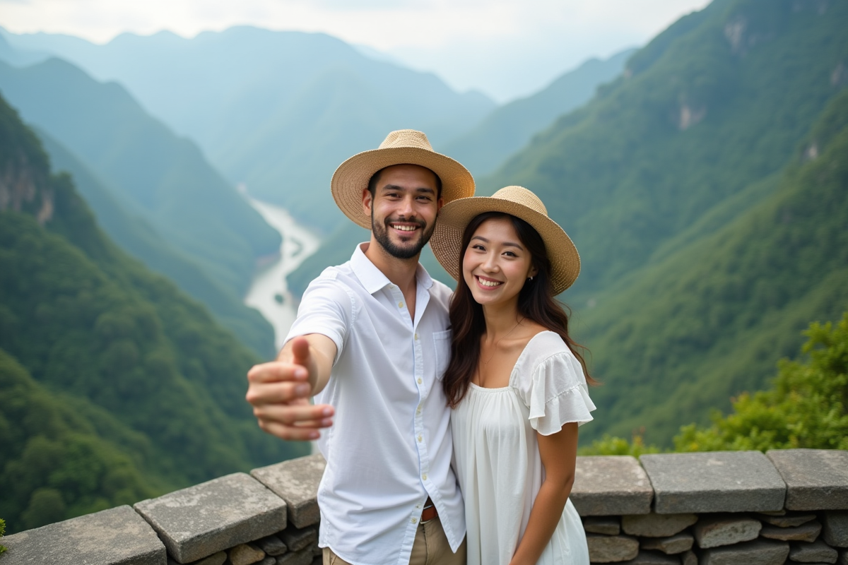 Jeune couple prenant un selfie en montagne en automne