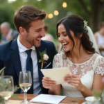 Jeunes mariés riant ensemble en lisant un message de félicitations humoristique lors de leur réception de mariage en jardin