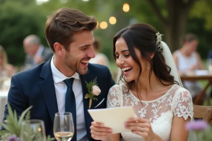 Jeunes mariés riant ensemble en lisant un message de félicitations humoristique lors de leur réception de mariage en jardin