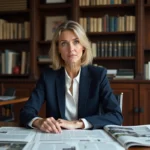 Journaliste professionnelle dans un bureau de presse parisien examinant des articles imprimés, illustrant le journalisme éditorial et la vérification des sources médiatiques