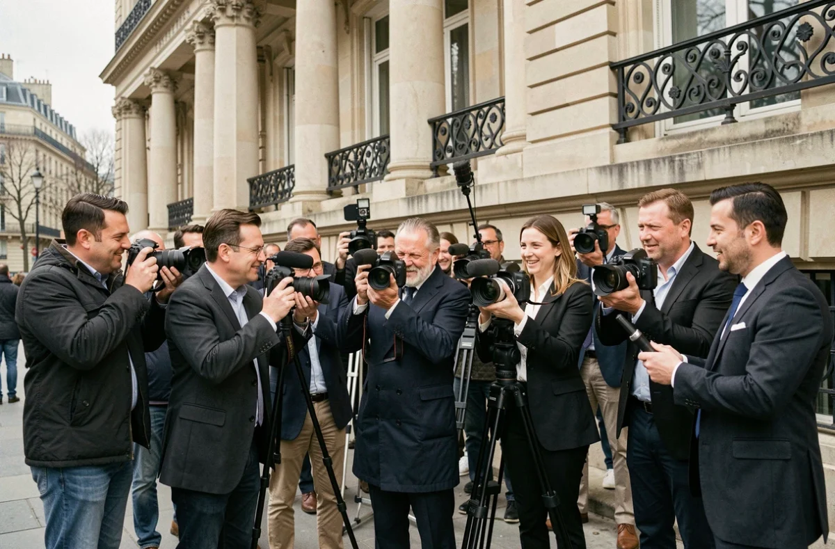 Journalistes et photographes rassemblés devant un bâtiment officiel parisien lors d'une conférence de presse