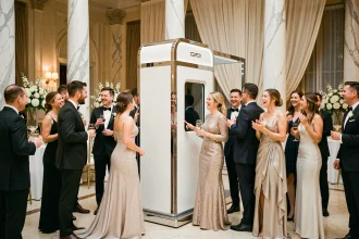 Borne photobooth KRUU installée dans une grande salle de mariage élégante avec des invités en tenue de soirée