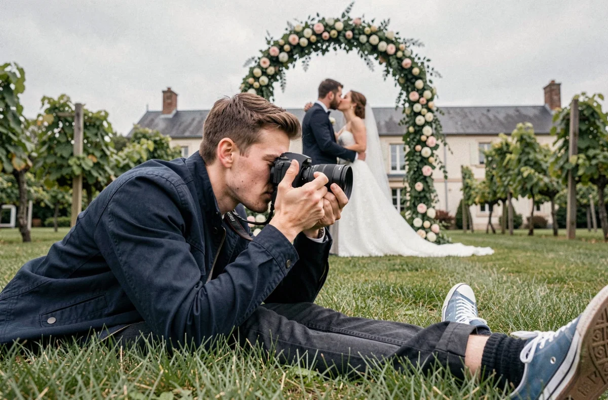 Léo Thieulin, photographe de mariage créatif, capturant un baiser de mariés sous une arche florale dans les Yvelines