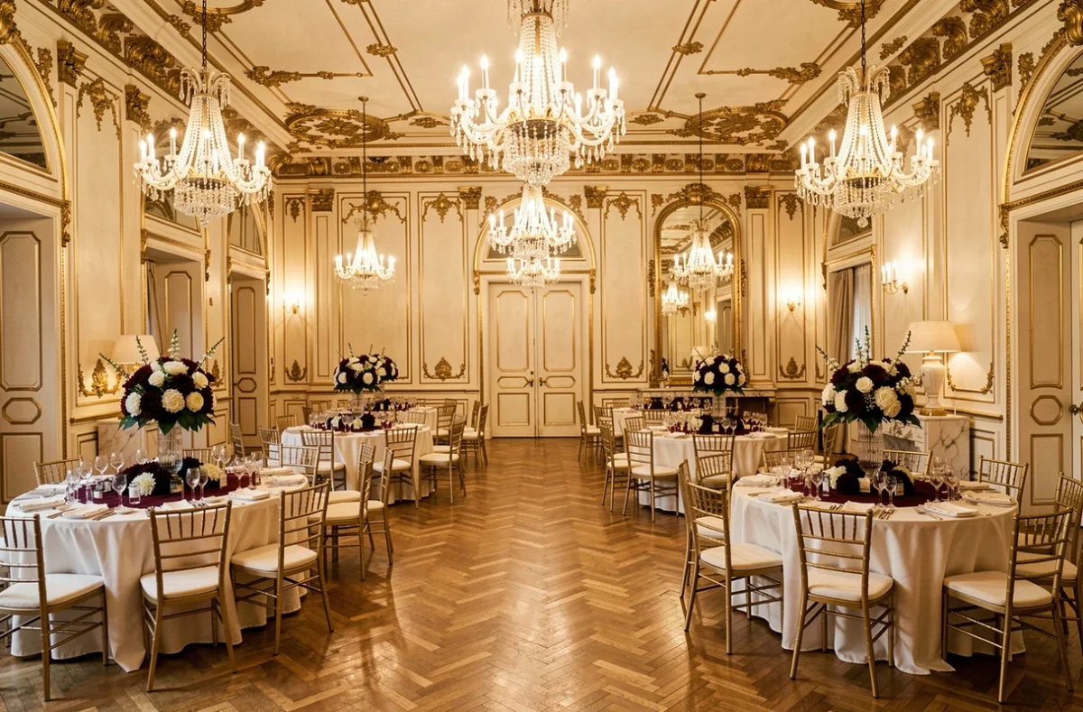 Grande salle de bal luxueuse des Salons Léopold avec dorures, parquet brillant et lustres en cristal pour un mariage élégant