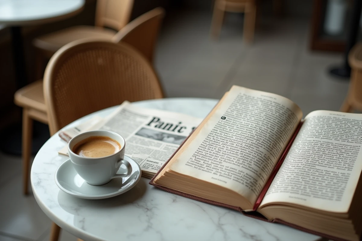 Livre ouvert sur l'éthique journalistique et journal français sur une table de café parisien, symbolisant la question du traitement médiatique et de la vie privée dans la presse