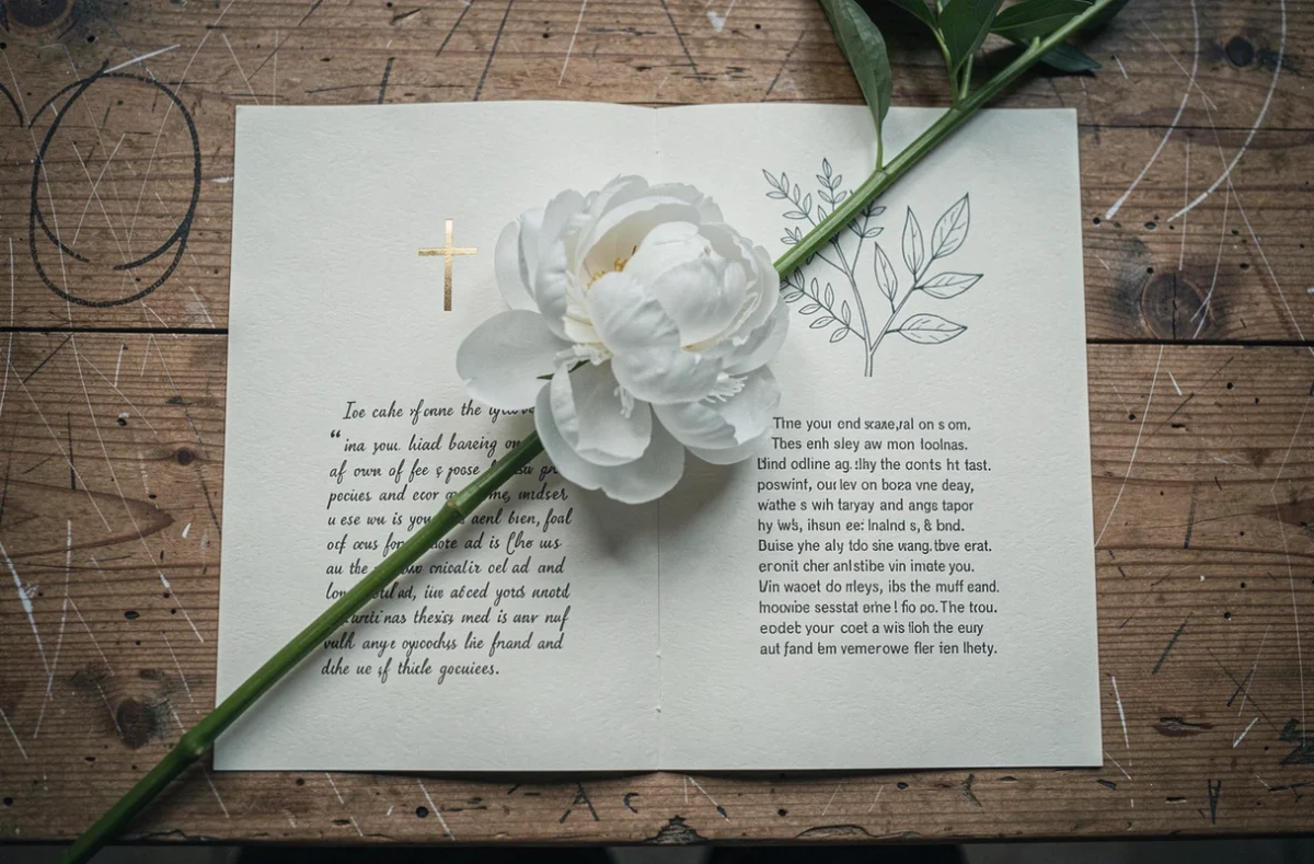 Comparaison de livrets de cérémonie mariage religieux et laïque posés sur une table en bois avec pivoine blanche