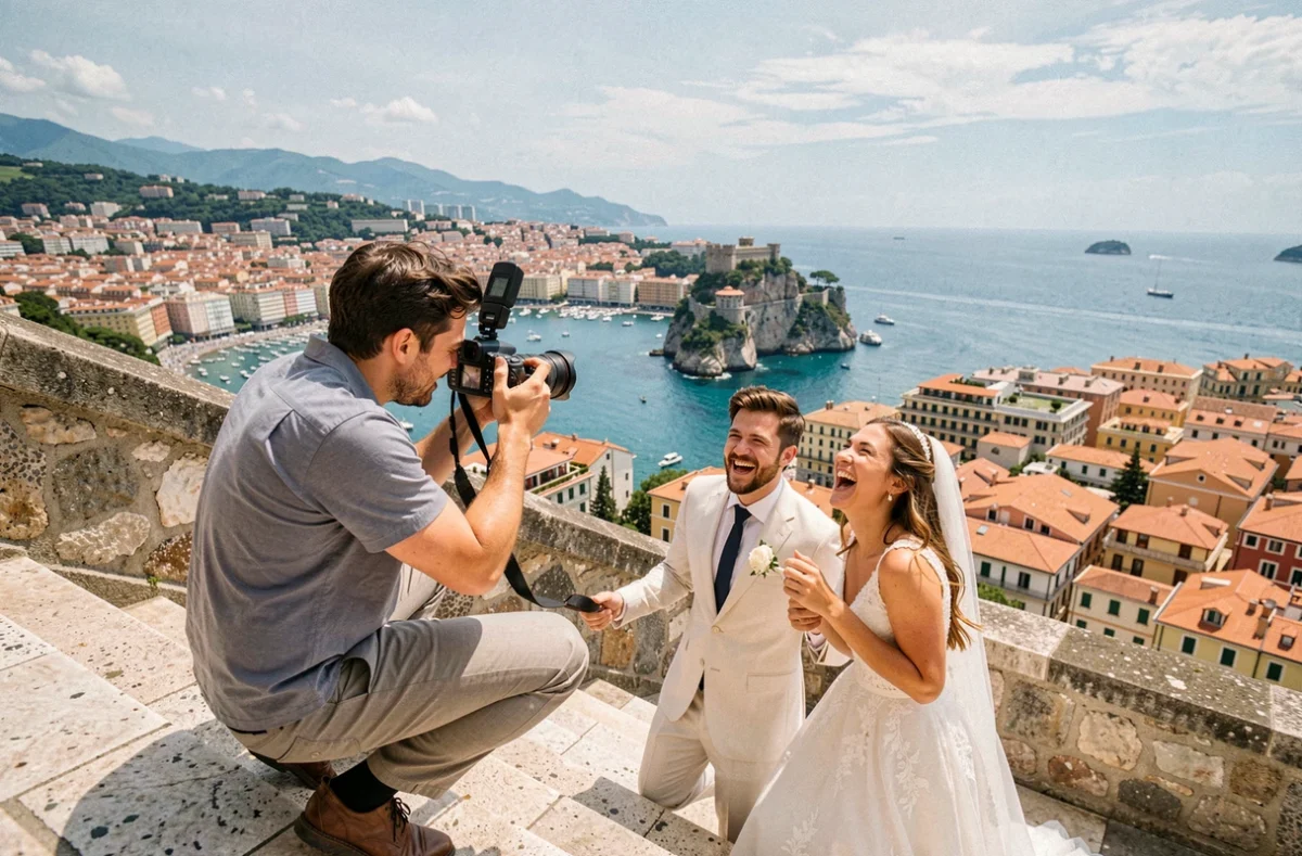 Jeune photographe de mariage capturant un couple sur la Colline du Château à Nice avec vue sur la Baie des Anges