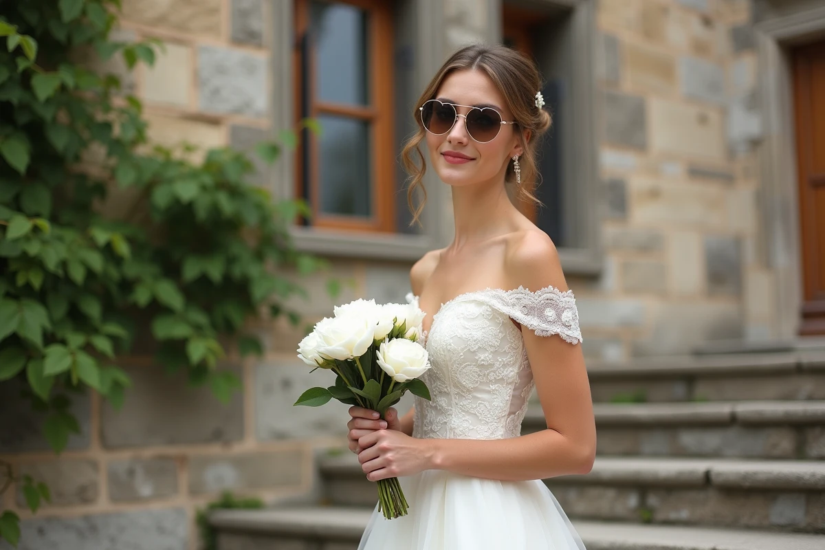 Mariée élégante portant des lunettes cœur dorées devant un château français lors de la cérémonie de mariage