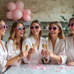 Groupe de femmes en robes blanches portant des lunettes cœur roses pour un EVJF festif dans un appartement parisien