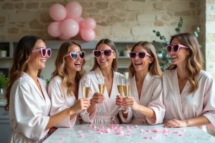 Groupe de femmes en robes blanches portant des lunettes cœur roses pour un EVJF festif dans un appartement parisien