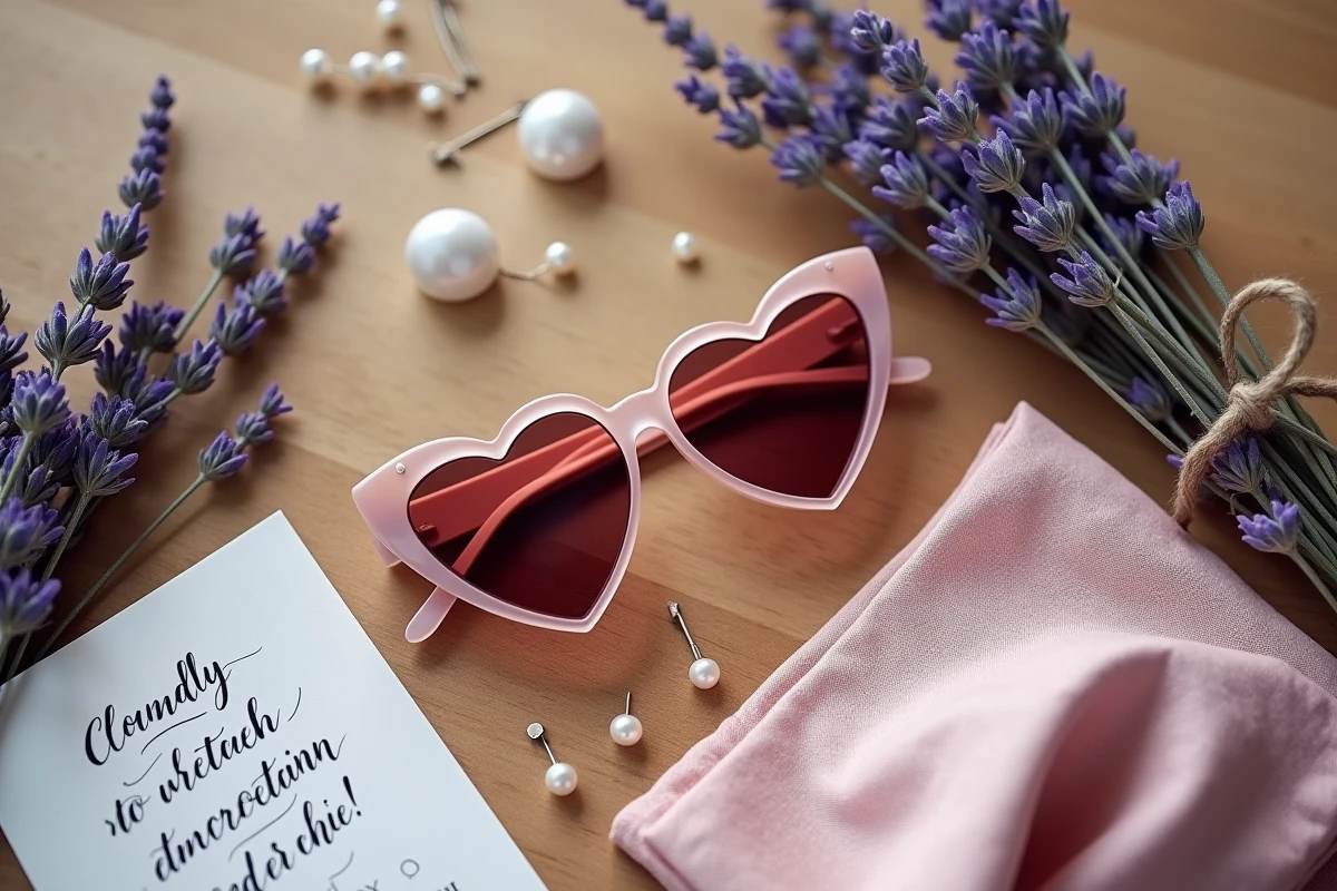 Flat lay élégant de lunettes cœur mariage avec accessoires de cérémonie sur table en chêne rustique