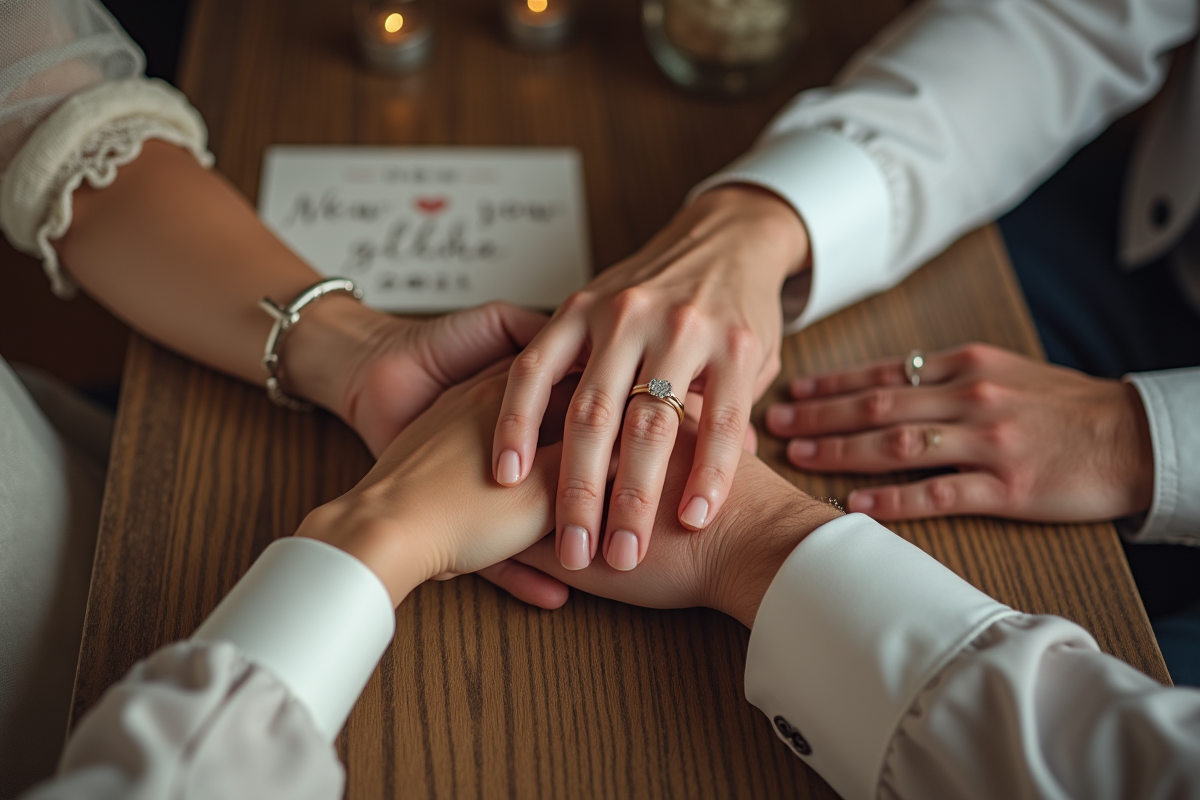 Mains entrelacees de couple marié avec alliances et carte de vœux