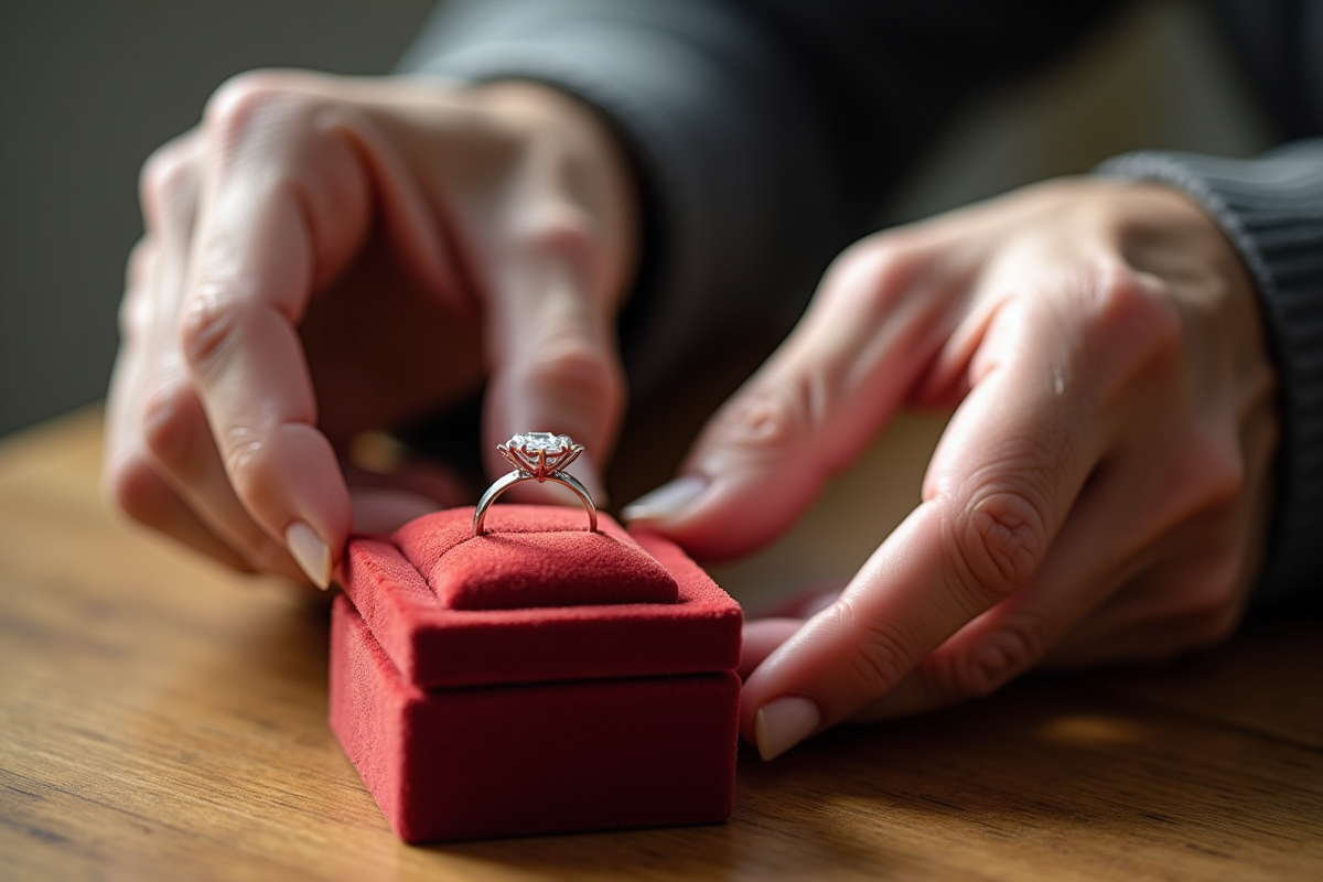 Mains âgées posant une bague en diamant dans une boîte en velours