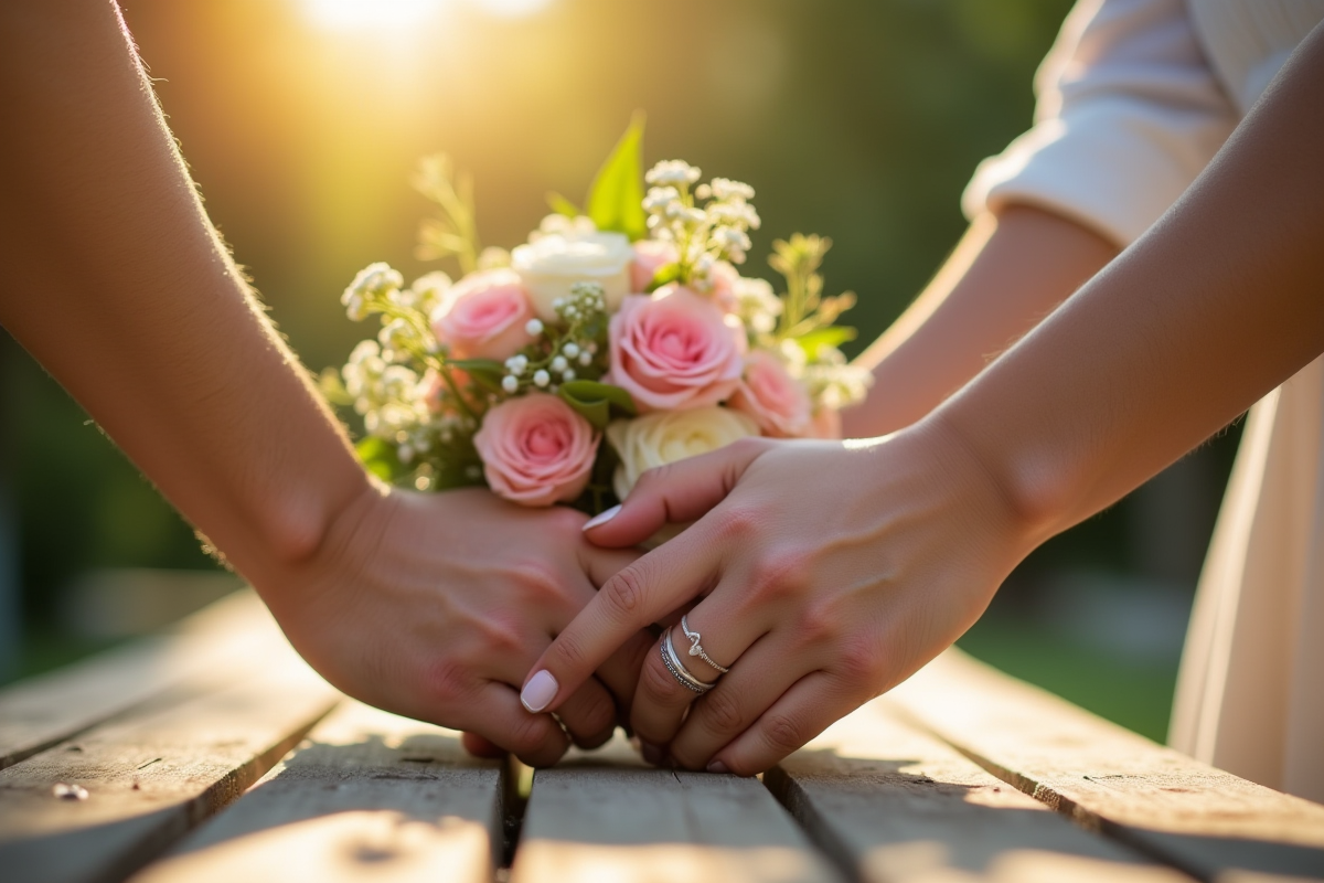 Mains entrelacees portant des bagues de mariage et un bouquet de fleurs