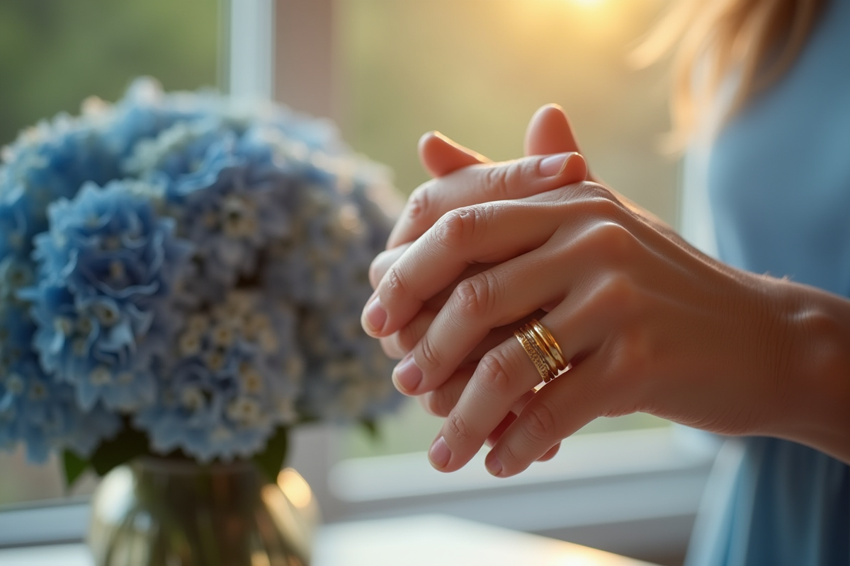 Mains tenant des alliances avec bouquet de saphirs en arrière-plan