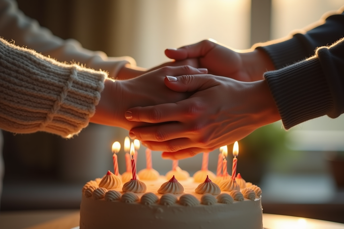 Mains vieillissantes sur un gâteau d anniversaire avec bougies 52