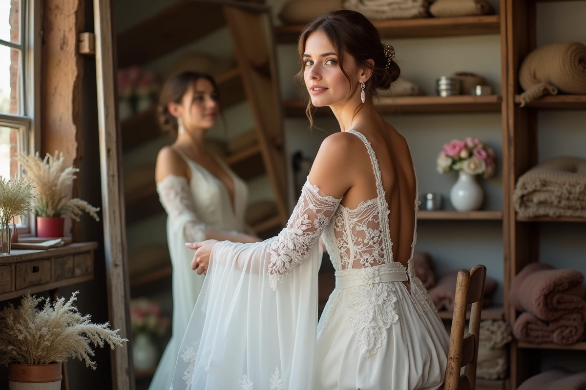 Jeune mariée essayant une robe bohème dans un atelier