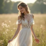 Femme en robe de mariage bohème dans un pré ensoleille