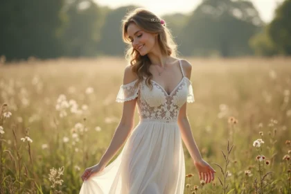 Femme en robe de mariage bohème dans un pré ensoleille