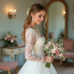 Mariée souriante en robe en dentelle dans une suite nuptiale