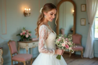 Mariée souriante en robe en dentelle dans une suite nuptiale