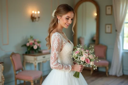 Mariée souriante en robe en dentelle dans une suite nuptiale