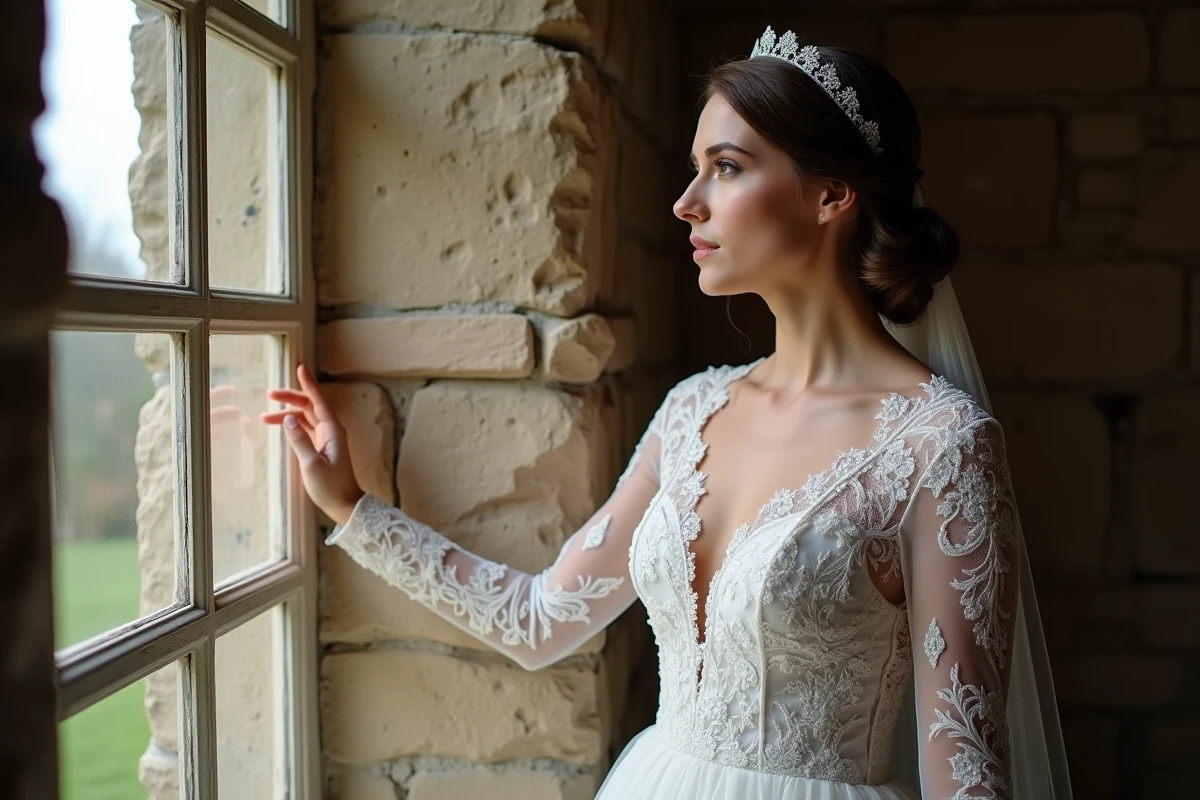 Mariée regardant par une fenêtre en pierre dans un château