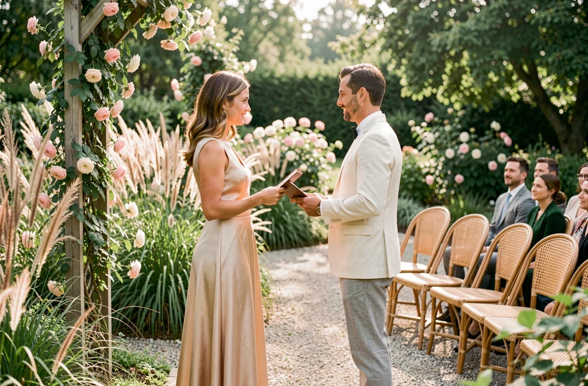 Cérémonie de mariage laïque en plein air dans un jardin botanique avec officiant civil et couple souriant