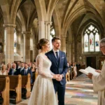 Cérémonie de mariage religieux dans une église en pierre avec couple à l'autel et prêtre en vestiments blancs