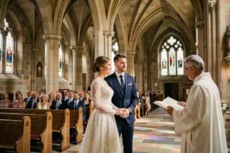Cérémonie de mariage religieux dans une église en pierre avec couple à l'autel et prêtre en vestiments blancs