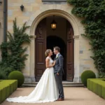 Couple de mariés souriants devant l'entrée d'un château en pierre avec façade en lierre et haies sculptées