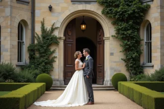 Couple de mariés souriants devant l'entrée d'un château en pierre avec façade en lierre et haies sculptées